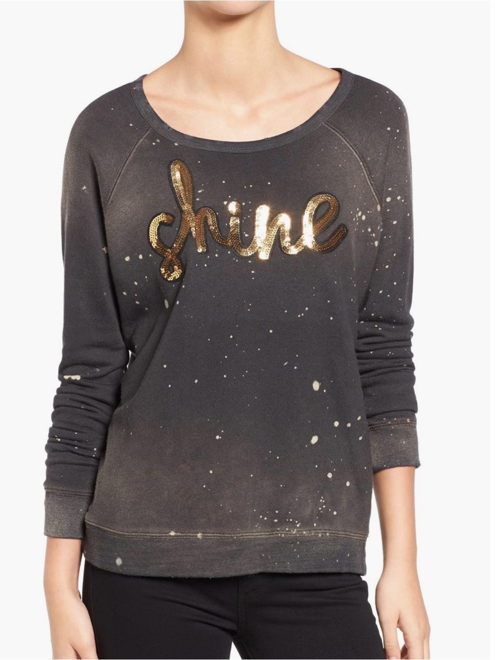 Sundry Shine Sequin Sweatshirt Bleach Wash Distressed Gray Black Gold Womens XS